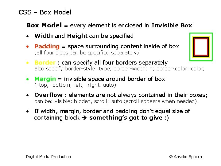 CSS – Box Model = every element is enclosed in Invisible Box • Width