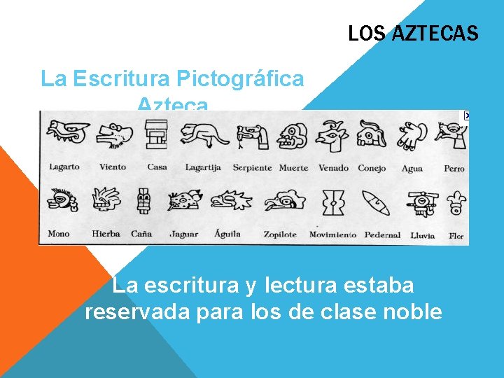 LOS AZTECAS La Escritura Pictográfica Azteca La escritura y lectura estaba reservada para los