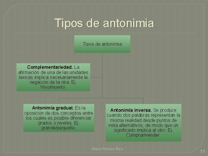 Tipos de antonimia Complementariedad. La afirmación de una de las unidades léxicas implica necesariamente
