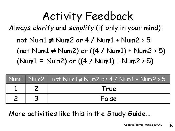 Activity Feedback Always clarify and simplify (if only in your mind): Num 2 or