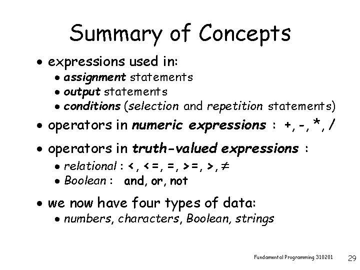 Summary of Concepts · expressions used in: · assignment statements · output statements ·