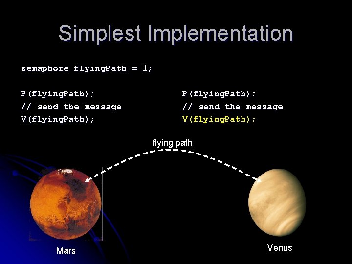 Simplest Implementation semaphore flying. Path = 1; P(flying. Path); // send the message V(flying.