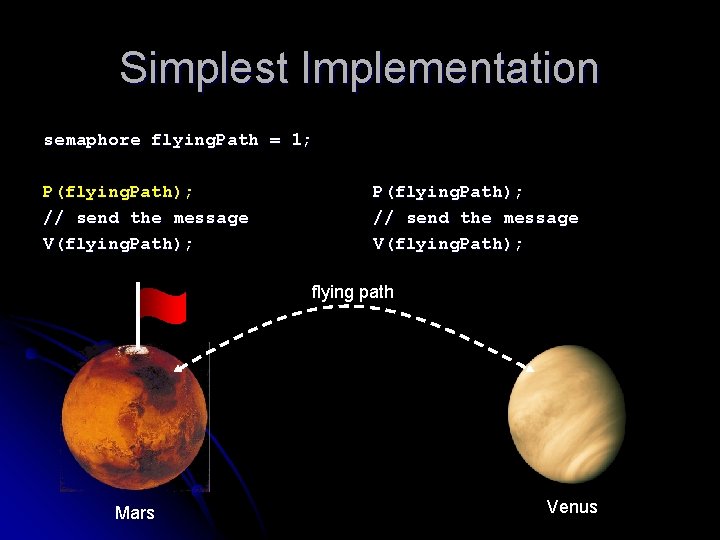 Simplest Implementation semaphore flying. Path = 1; P(flying. Path); // send the message V(flying.