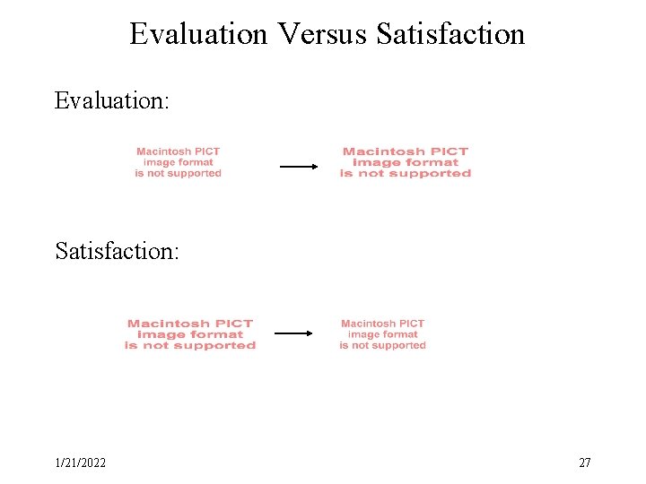 Evaluation Versus Satisfaction Evaluation: Satisfaction: 1/21/2022 27 