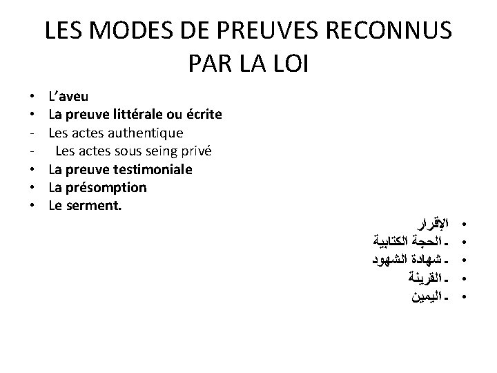 LES MODES DE PREUVES RECONNUS PAR LA LOI • • • L’aveu La preuve