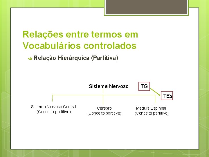 Relações entre termos em Vocabulários controlados Relação Hierárquica (Partitiva) Sistema Nervoso TG TEs Sistema