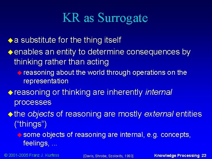 KR as Surrogate ua substitute for the thing itself u enables an entity to