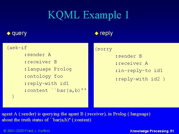 KQML Example 1 u query u reply (ask-if : sender A : receiver B