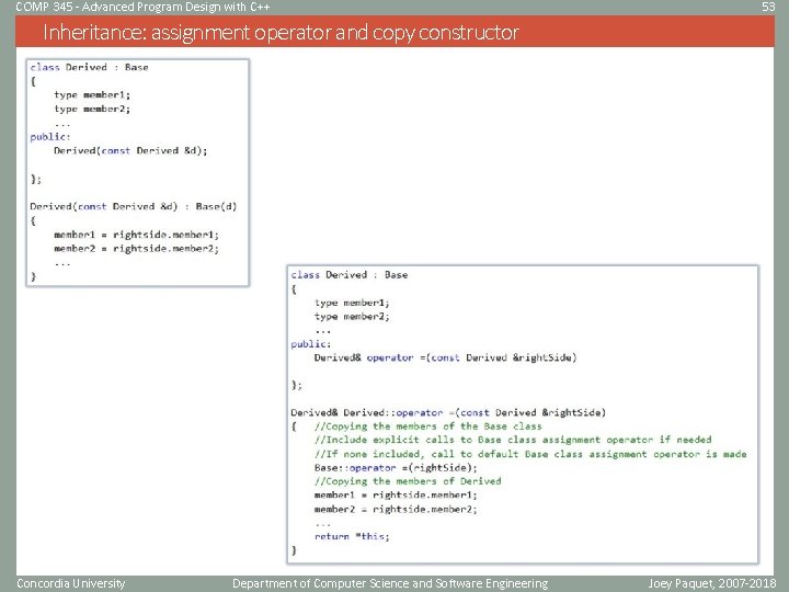 COMP 345 - Advanced Program Design with C++ 53 Inheritance: assignment operator and copy