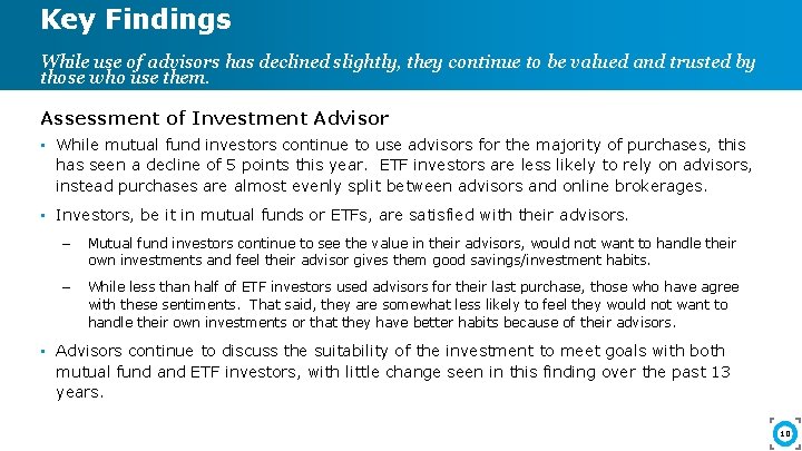 Key Findings While use of advisors has declined slightly, they continue to be valued