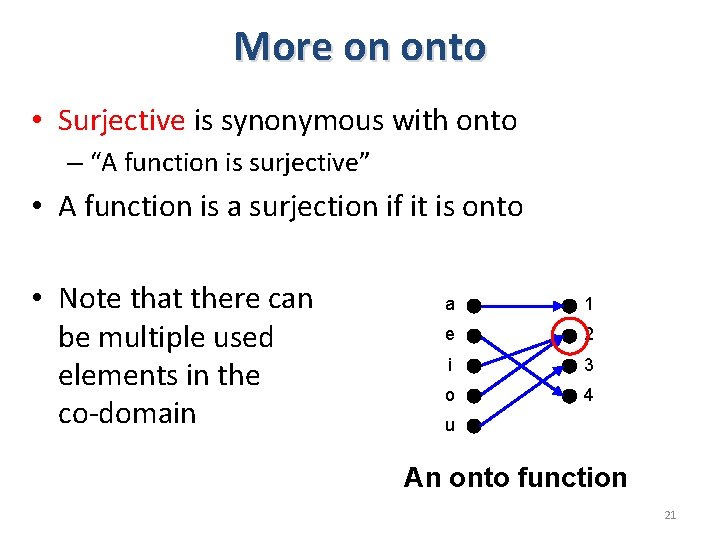 More on onto • Surjective is synonymous with onto – “A function is surjective”