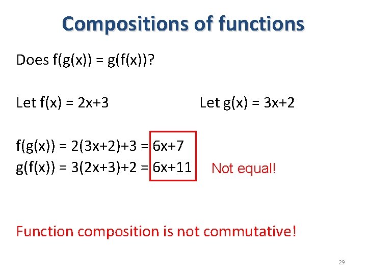 Compositions of functions Does f(g(x)) = g(f(x))? Let f(x) = 2 x+3 f(g(x)) =