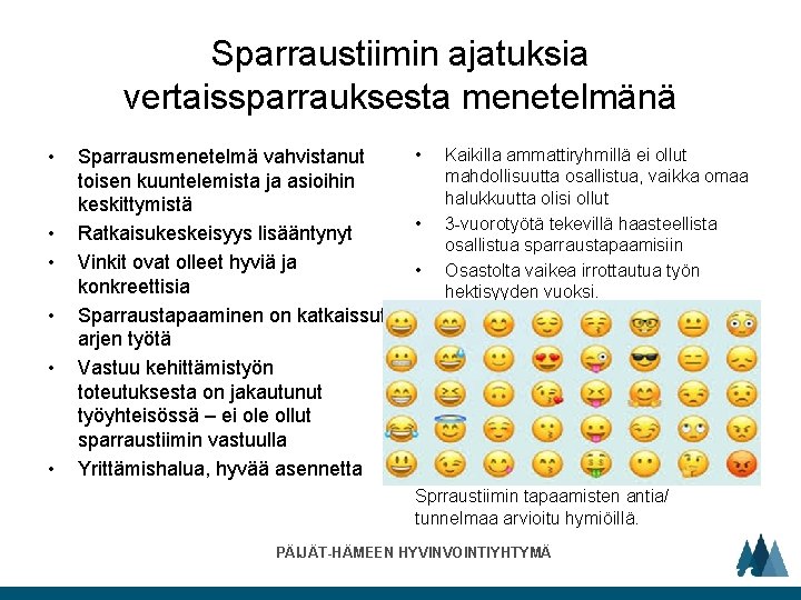 Sparraustiimin ajatuksia vertaissparrauksesta menetelmänä • • • Sparrausmenetelmä vahvistanut toisen kuuntelemista ja asioihin keskittymistä Sparraustiimin ajatuksia vertaissparrauksesta menetelmänä • • • Sparrausmenetelmä vahvistanut toisen kuuntelemista ja asioihin keskittymistä