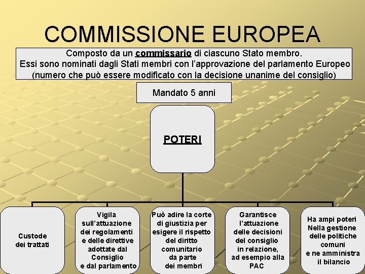 COMMISSIONE EUROPEA Composto da un commissario di ciascuno Stato membro. Essi sono nominati dagli