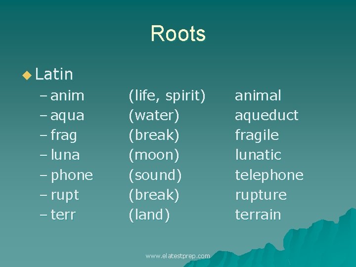 Roots u Latin – anim – aqua – frag – luna – phone –
