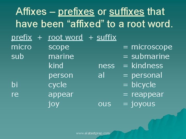 Affixes – prefixes or suffixes that have been “affixed” to a root word. prefix