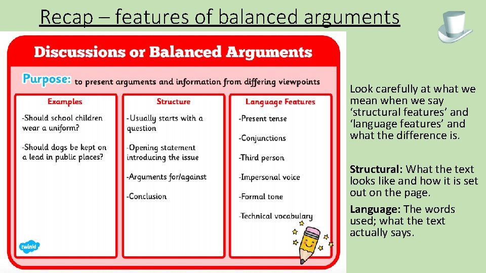 Recap – features of balanced arguments Look carefully at what we mean when we
