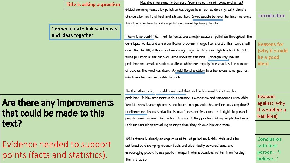 Title is asking a question Introduction Connectives to link sentences and ideas together Reasons