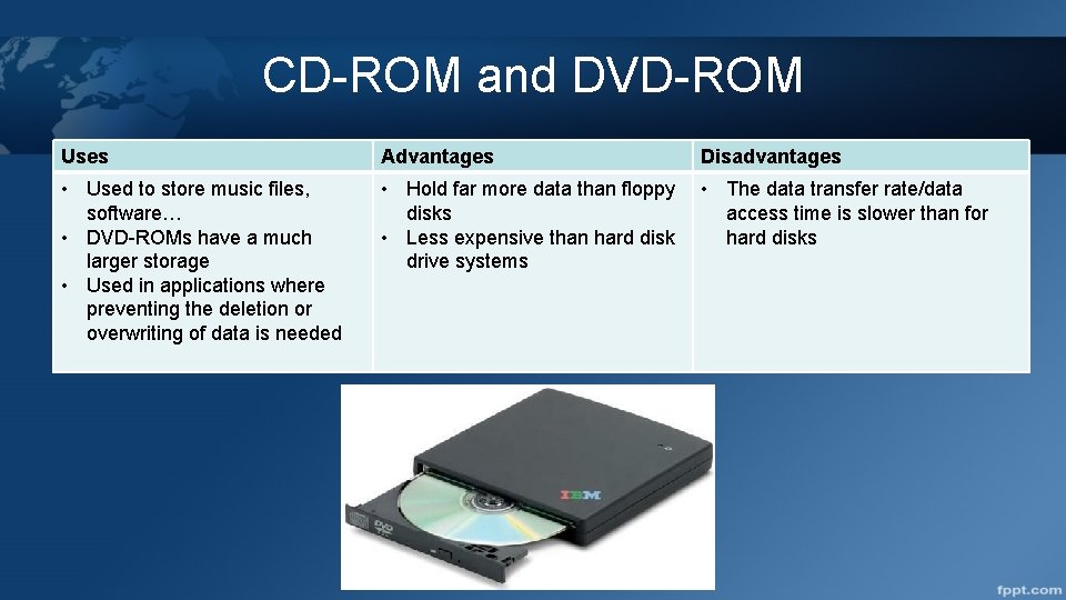CD-ROM and DVD-ROM Uses Advantages Disadvantages • Used to store music files, software… •