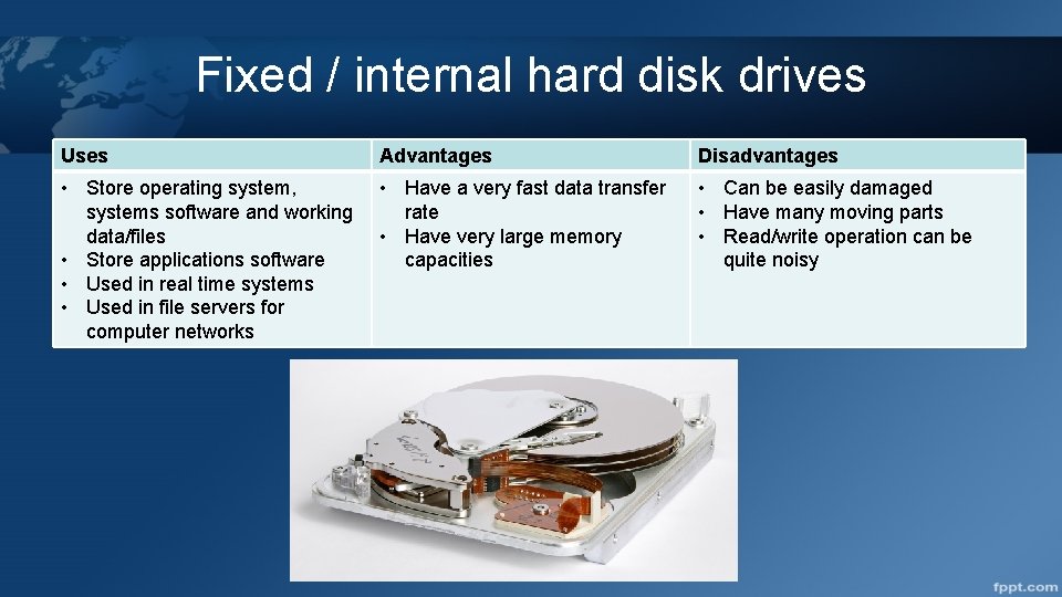 Fixed / internal hard disk drives Uses Advantages Disadvantages • Store operating system, systems