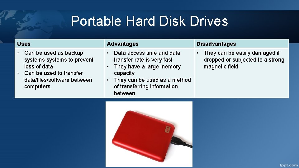 Portable Hard Disk Drives Uses Advantages Disadvantages • Can be used as backup systems
