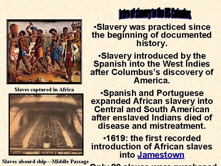 Slaves captured in Africa Slaves aboard ship—Middle Passage • Slavery was practiced since the