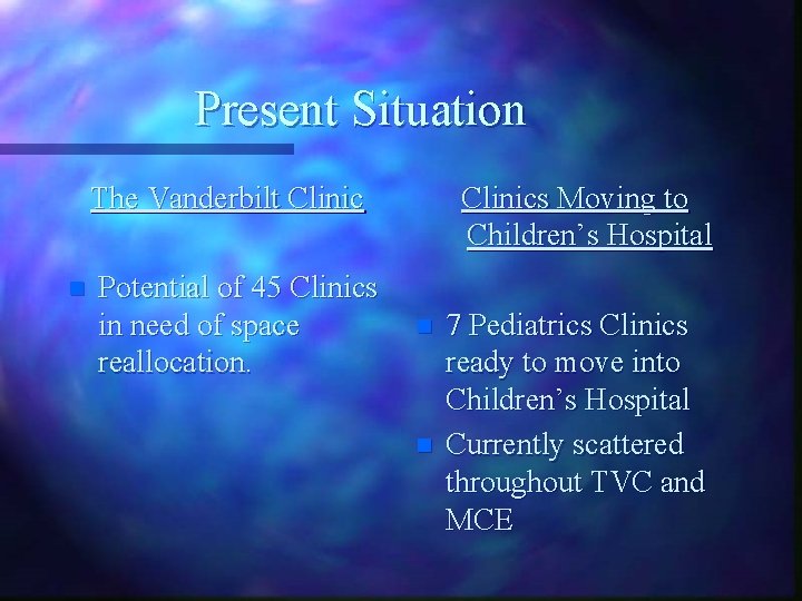 Present Situation The Vanderbilt Clinic n Potential of 45 Clinics in need of space