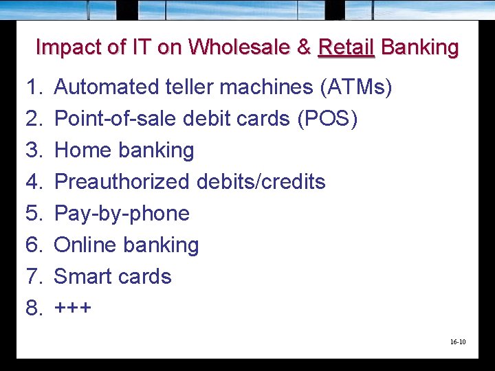 Impact of IT on Wholesale & Retail Banking 1. 2. 3. 4. 5. 6.