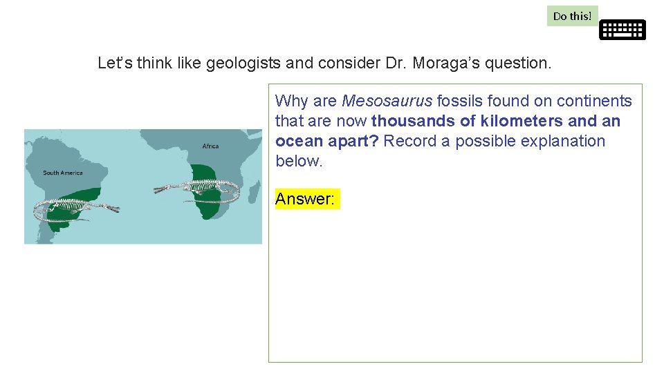 Do this! Let’s think like geologists and consider Dr. Moraga’s question. Why are Mesosaurus