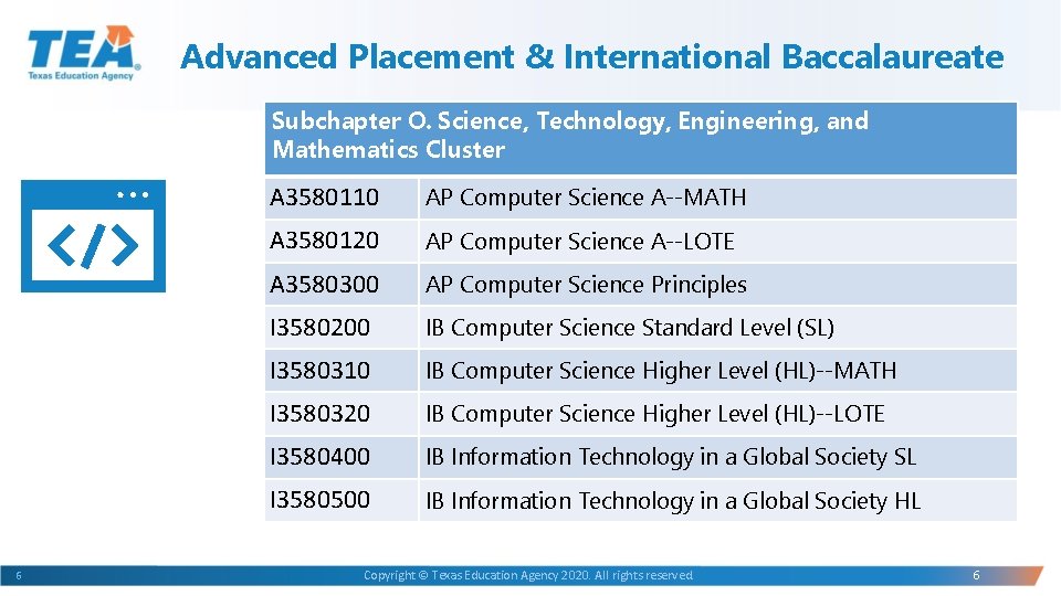 Advanced Placement & International Baccalaureate Subchapter O. Science, Technology, Engineering, and Mathematics Cluster 6