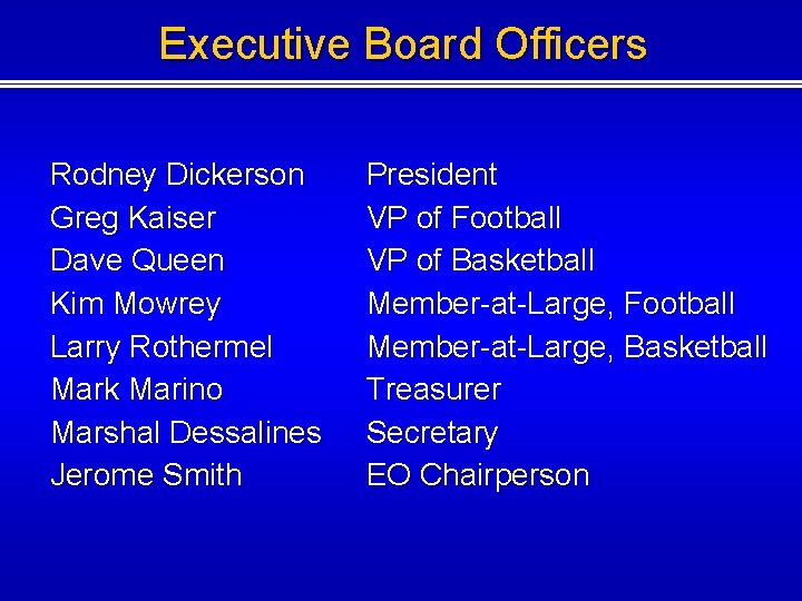Executive Board Officers Rodney Dickerson Greg Kaiser Dave Queen Kim Mowrey Larry Rothermel Mark Executive Board Officers Rodney Dickerson Greg Kaiser Dave Queen Kim Mowrey Larry Rothermel Mark