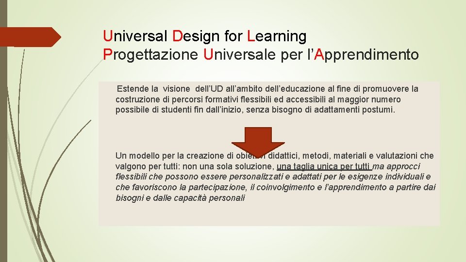 Universal Design for Learning Progettazione Universale per l’Apprendimento Estende la visione dell’UD all’ambito dell’educazione