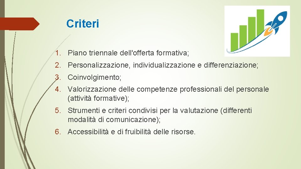 Criteri 1. Piano triennale dell'offerta formativa; 2. Personalizzazione, individualizzazione e differenziazione; 3. Coinvolgimento; 4.