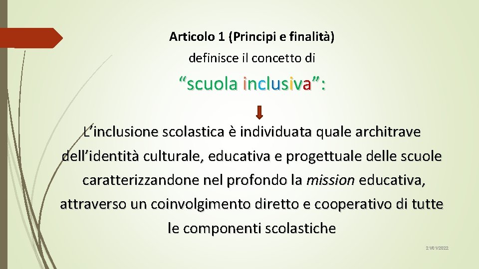 Articolo 1 (Principi e finalità) definisce il concetto di “scuola inclusiva”: L’inclusione scolastica è