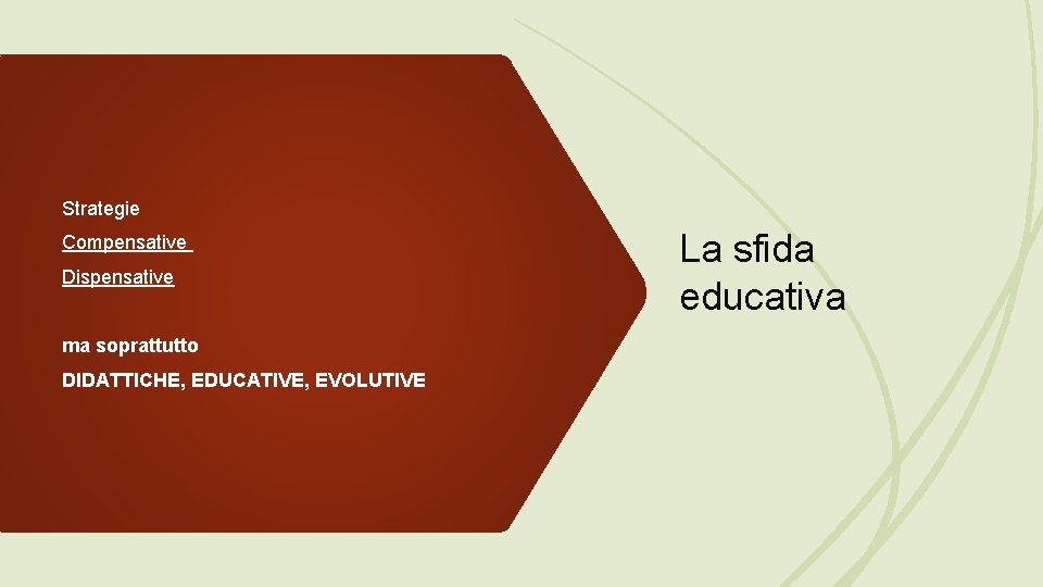 Strategie Compensative Dispensative ma soprattutto DIDATTICHE, EDUCATIVE, EVOLUTIVE La sfida educativa 