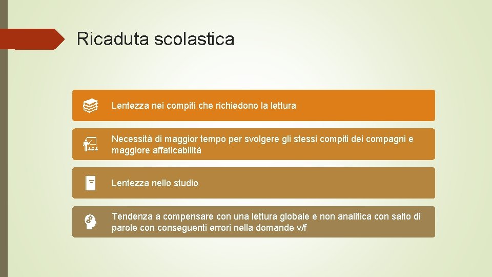 Ricaduta scolastica Lentezza nei compiti che richiedono la lettura Necessità di maggior tempo per