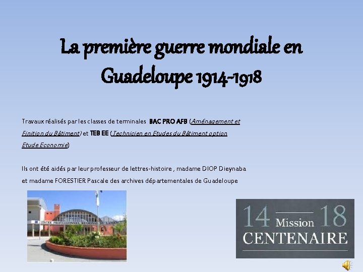 La première guerre mondiale en Guadeloupe 1914 -1918 Travaux réalisés par les classes de