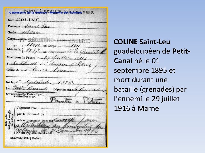 COLINE Saint-Leu guadeloupéen de Petit. Canal né le 01 septembre 1895 et mort durant