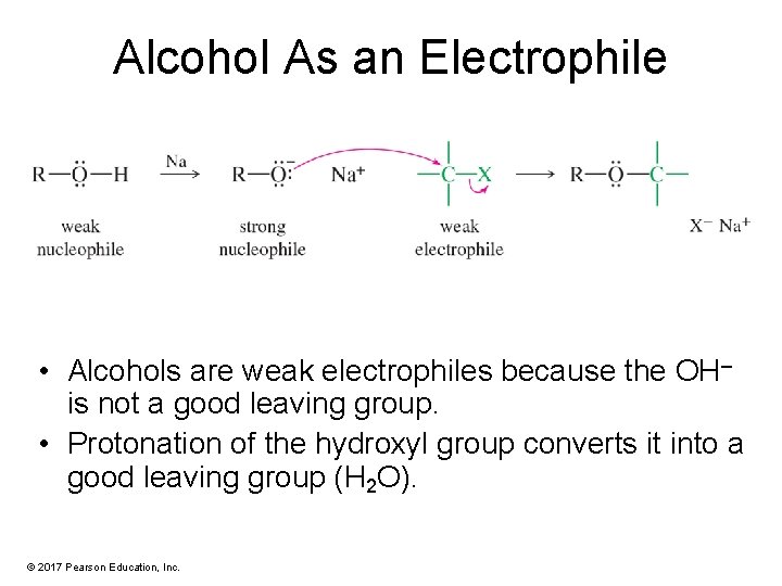 Alcohol As an Electrophile • Alcohols are weak electrophiles because the OH– is not