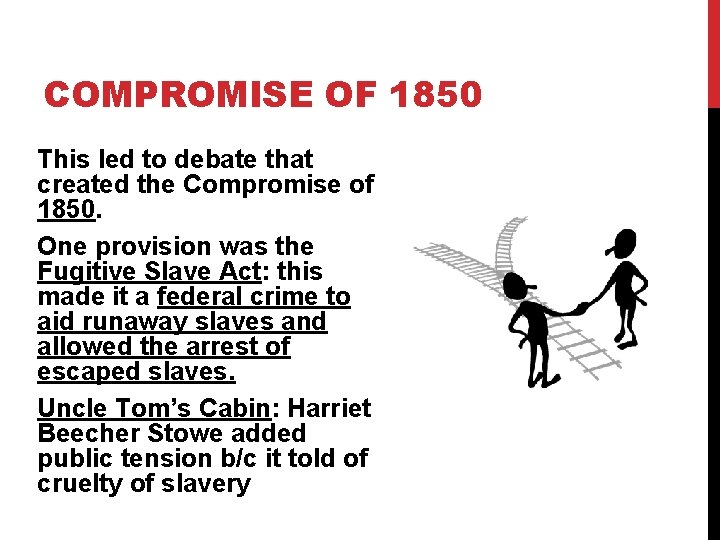 COMPROMISE OF 1850 This led to debate that created the Compromise of 1850. One