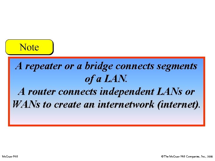 A repeater or a bridge connects segments of a LAN. A router connects independent