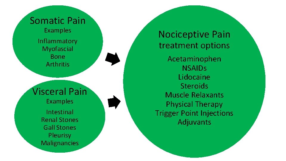 Somatic Pain Examples Inflammatory Myofascial Bone Arthritis Visceral Pain Examples Intestinal Renal Stones Gall