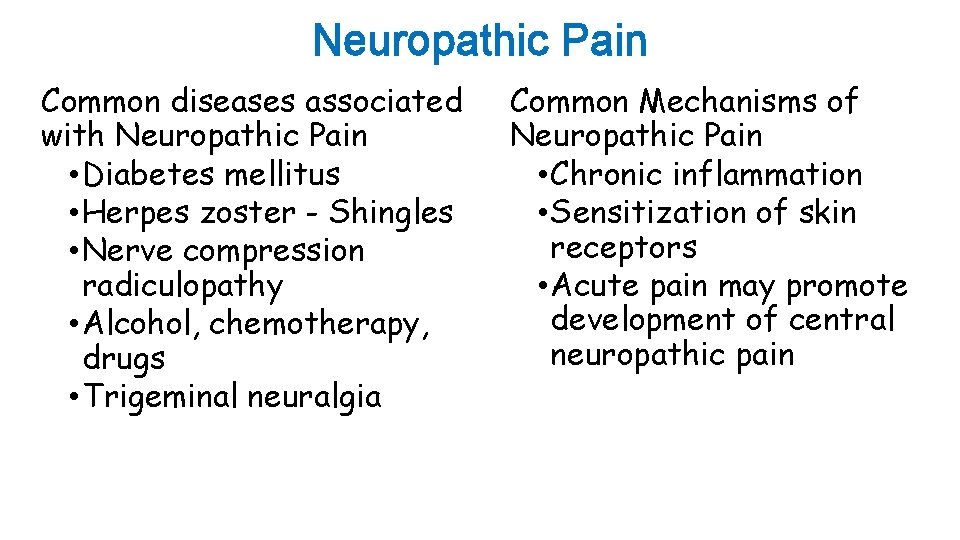 Neuropathic Pain Common diseases associated with Neuropathic Pain • Diabetes mellitus • Herpes zoster