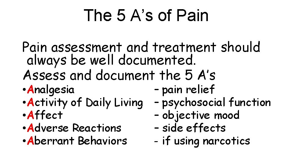 The 5 A’s of Pain assessment and treatment should always be well documented. Assess