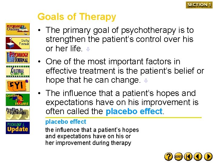 Goals of Therapy • The primary goal of psychotherapy is to strengthen the patient’s
