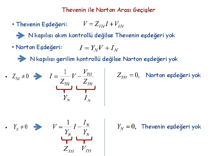 Thevenin ile Norton Arası Geçişler • Thevenin Eşdeğeri: N kapılısı akım kontrollü değilse Thevenin