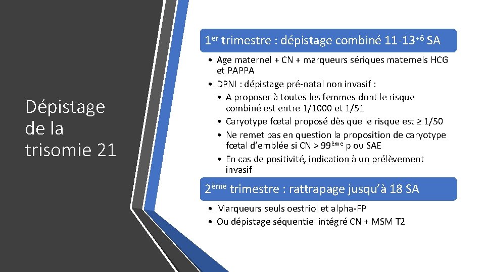 1 er trimestre : dépistage combiné 11 -13+6 SA Dépistage de la trisomie 21