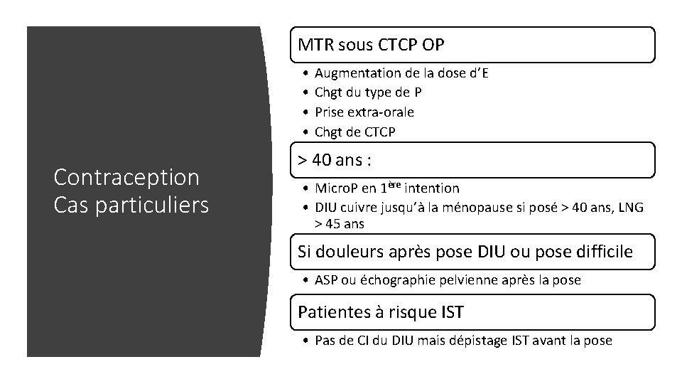 MTR sous CTCP OP • • Contraception Cas particuliers Augmentation de la dose d’E