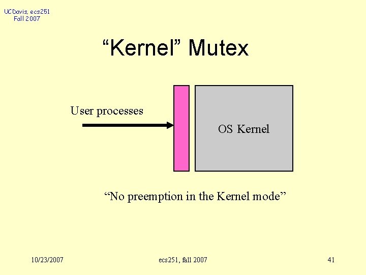 UCDavis, ecs 251 Fall 2007 “Kernel” Mutex User processes OS Kernel “No preemption in