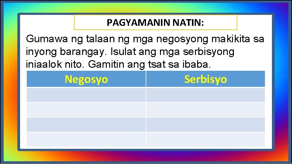 PAGYAMANIN NATIN: Gumawa ng talaan ng mga negosyong makikita sa inyong barangay. Isulat ang